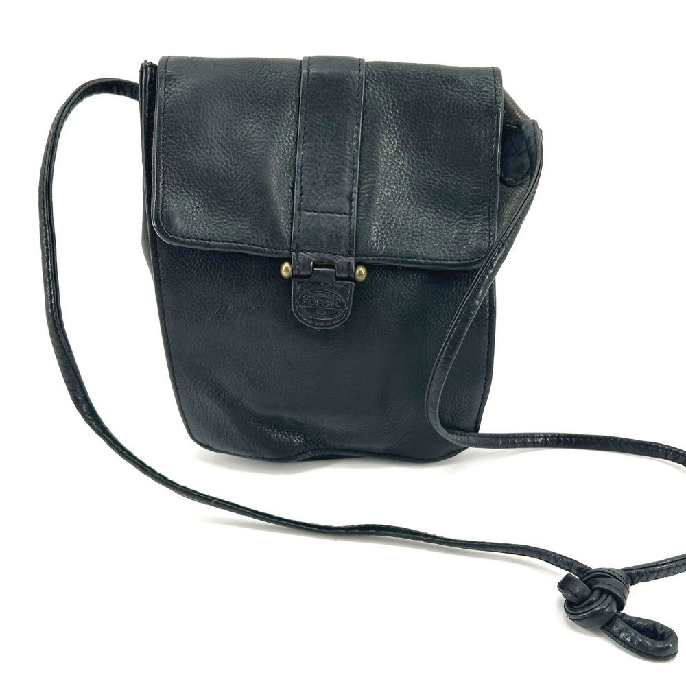 Vintage 90s Fossil Black Leather Crossbody Bag Small Flap Square Shoulder Bag - Picture 2 of 7